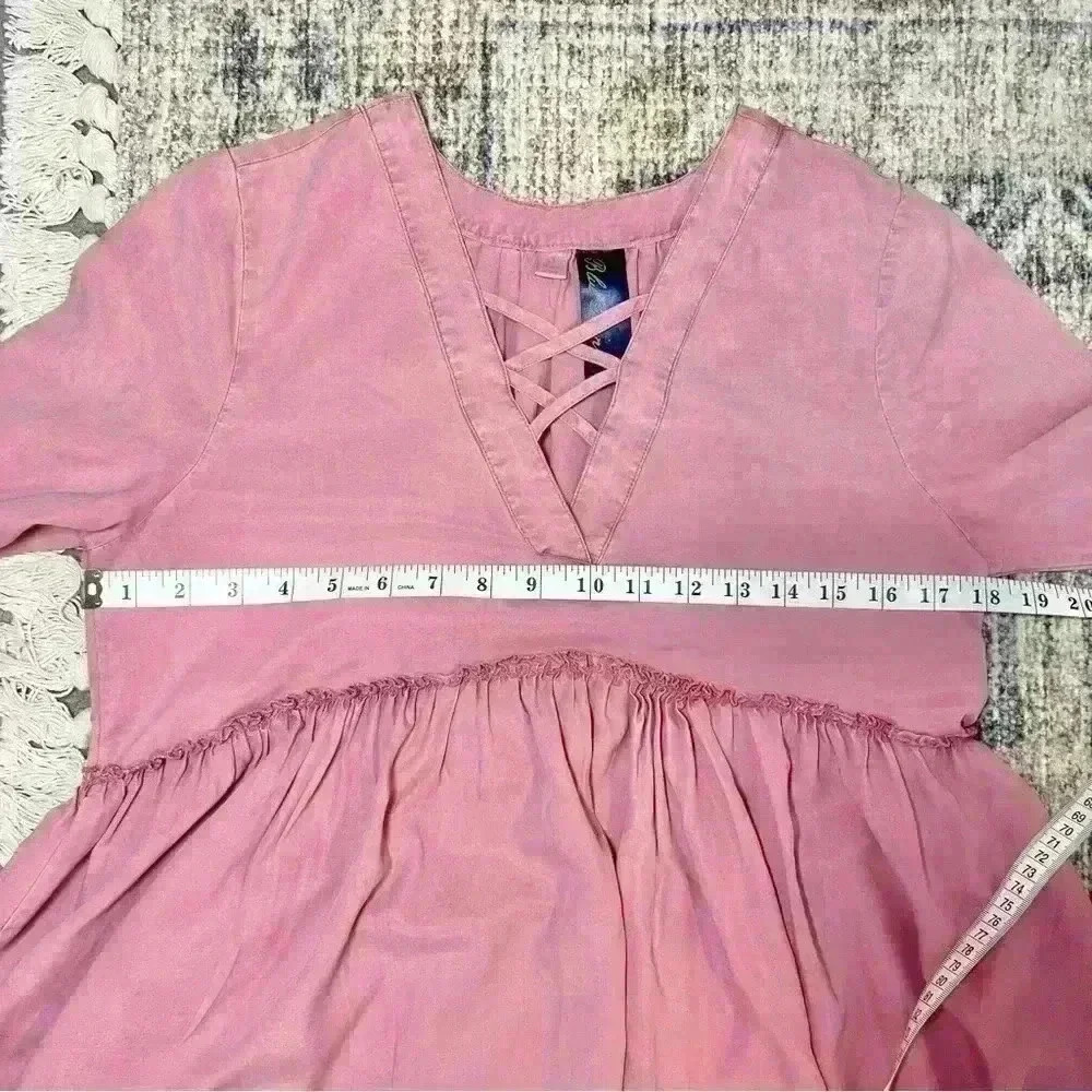 Blue Rain Pink Peplum Bell Sleeve Blouse with Crisscross Neckline Size Small - Picture 11 of 14